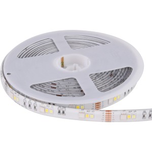 Aufgerollter, weißer LED-Streifen mit LEDs auf einer Spule.