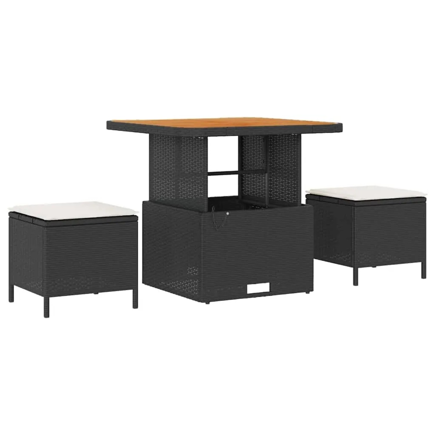 Schwarzes vidaXL Garten-Sofa-Set aus Poly Rattan mit Tisch und Hockern inklusive Kissen.
