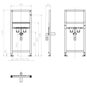 Technische Zeichnung: Kronenbach Waschtisch-Element 112 cm Plantec 2.0 für Einloch-Armatur.