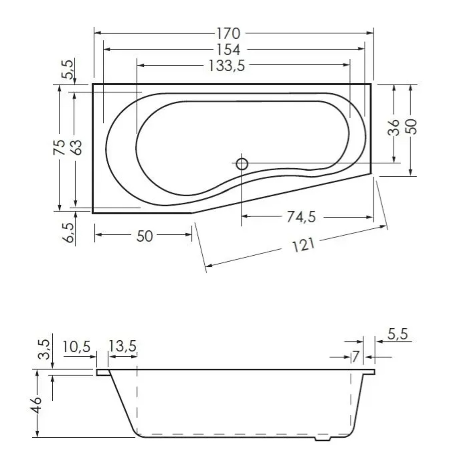 Technische Zeichnung der Steinkamp Raumsparbadewanne 170x75/50 cm (rechts) in Weiß mit Maßen.