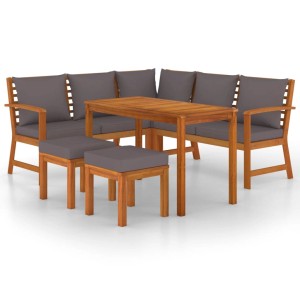 6-tlg. Garten-Essgruppe aus Akazienholz mit grauen Kissen: Tisch, Bänke, Ecksofa und Hocker.