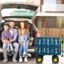 Dunkelgrüner Relaxdays Gartenwagen aus Stahl mit gelben Luftreifen, beladen mit Getränkekisten, neben Familie am Auto.
