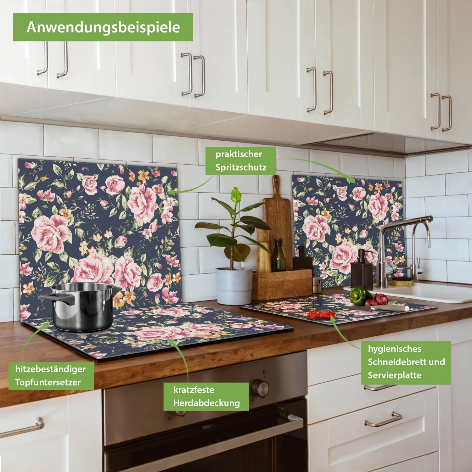 Banjado Glas Herdabdeckplatte mit Rosenmotiv auf Anthrazit als Schneidebrett und Spritzschutz.