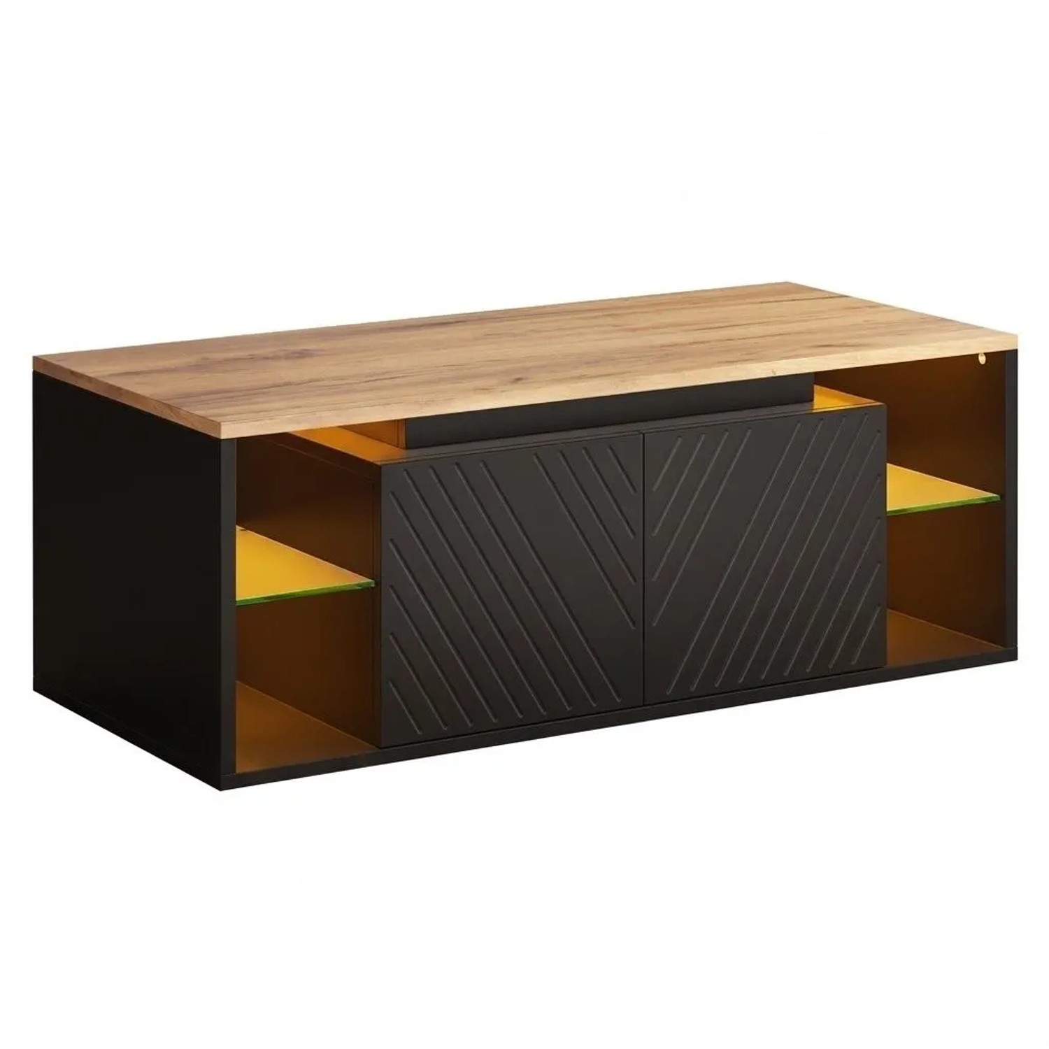 Merax Couchtisch 100x50x41 cm LED 2 Türen Stauraum Schwarz