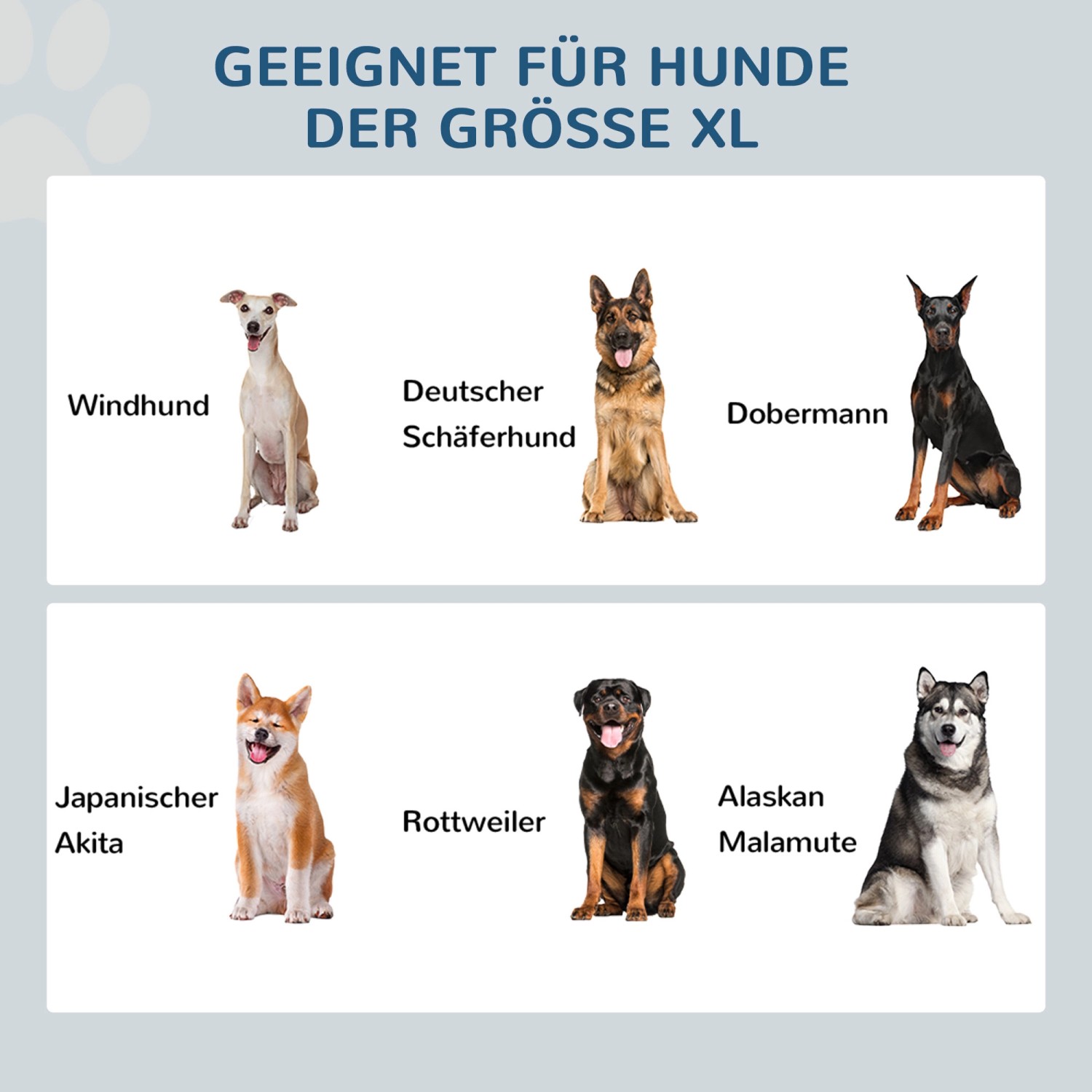 Geeignet für Hunde der Größe XL: Windhund, Schäferhund, Dobermann, Akita, Rottweiler, Malamute.