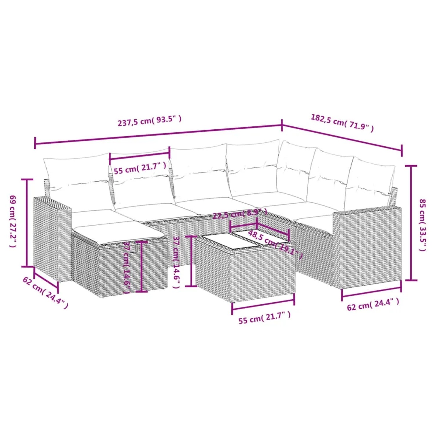 vidaXL Garten-Sofagarnitur, 8-teilig, schwarz, Poly Rattan mit Kissen. Gartenmöbel Set mit Tisch und Polstern.