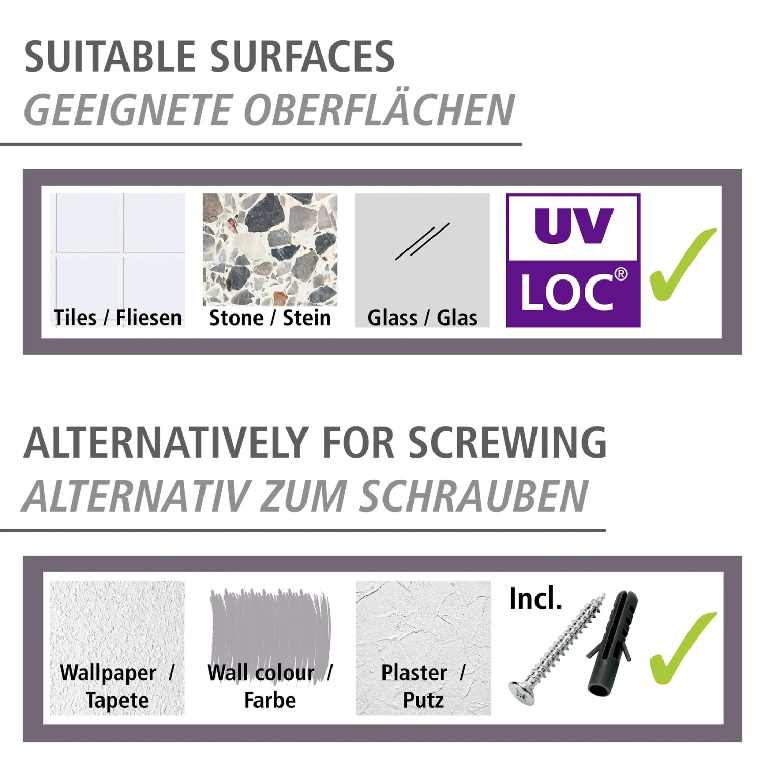 UV-Loc® Befestigungssystem für WC-Garnitur: Geeignete Oberflächen und alternative Schraubbefestigung.