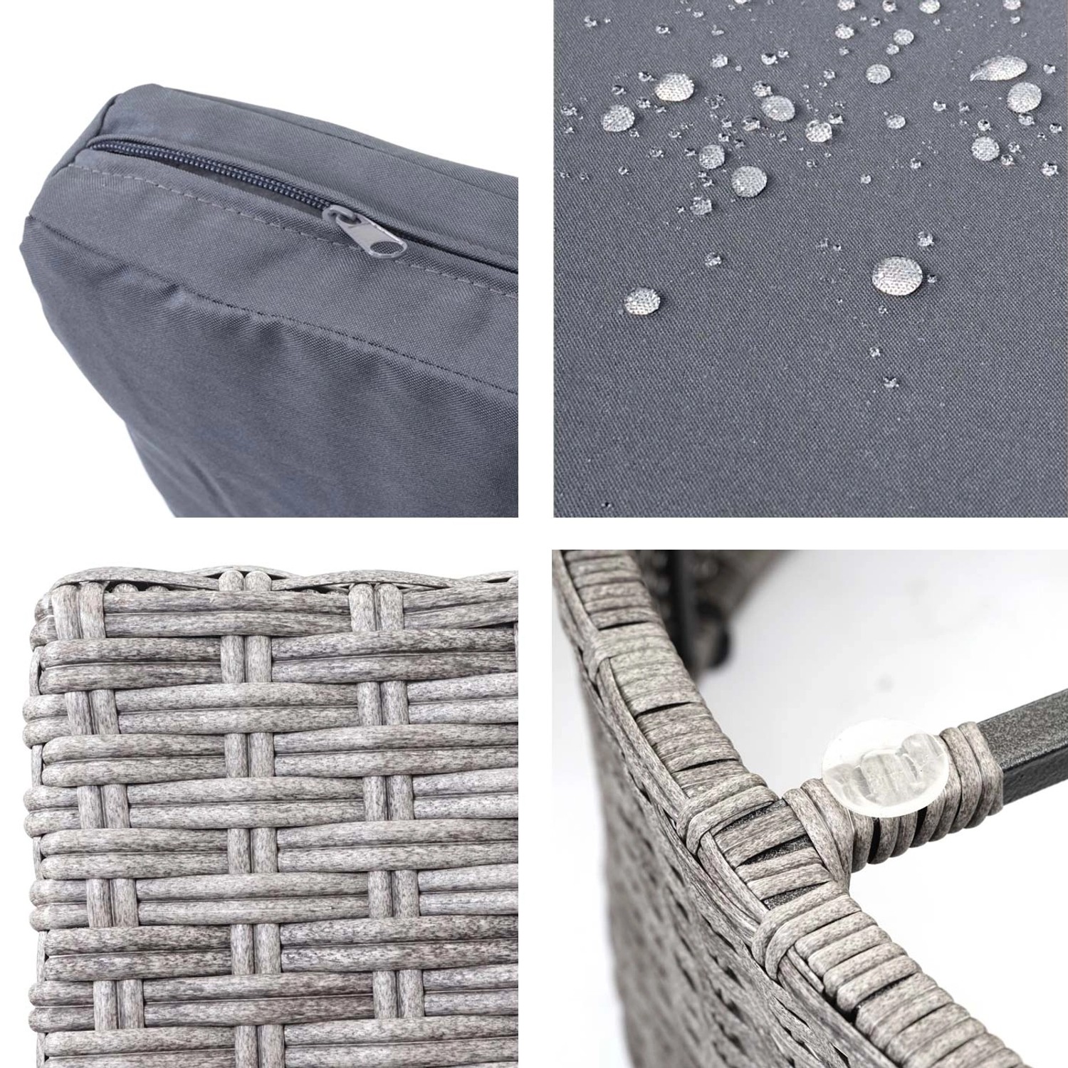 Detailansicht: Poly-Rattan Lounge-Garnitur in Grau mit wasserabweisenden Polstern und Geflecht.