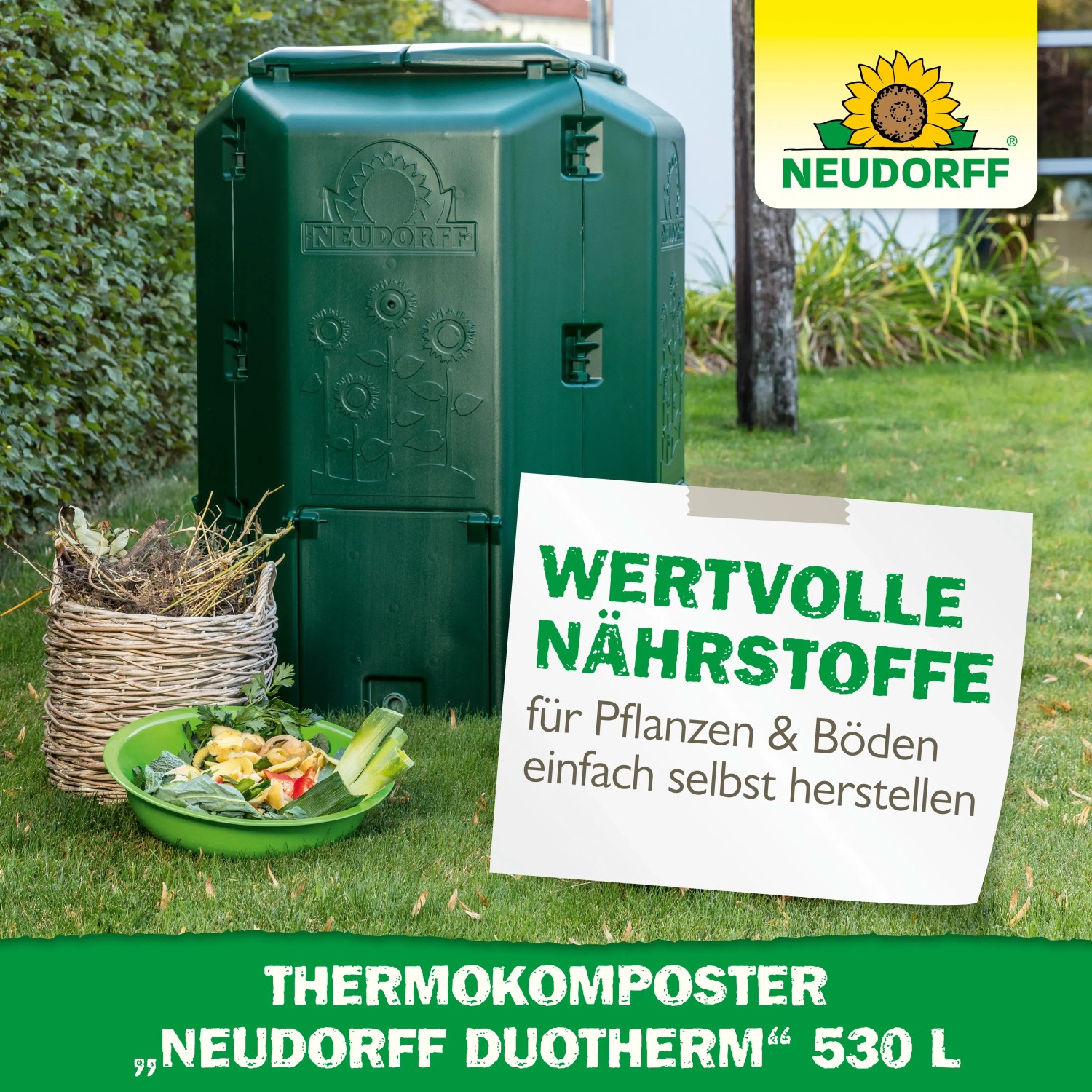 Neudorff Thermo-Komposter DuoTherm 530 l, grüner Kompostbehälter für Gartenabfälle.