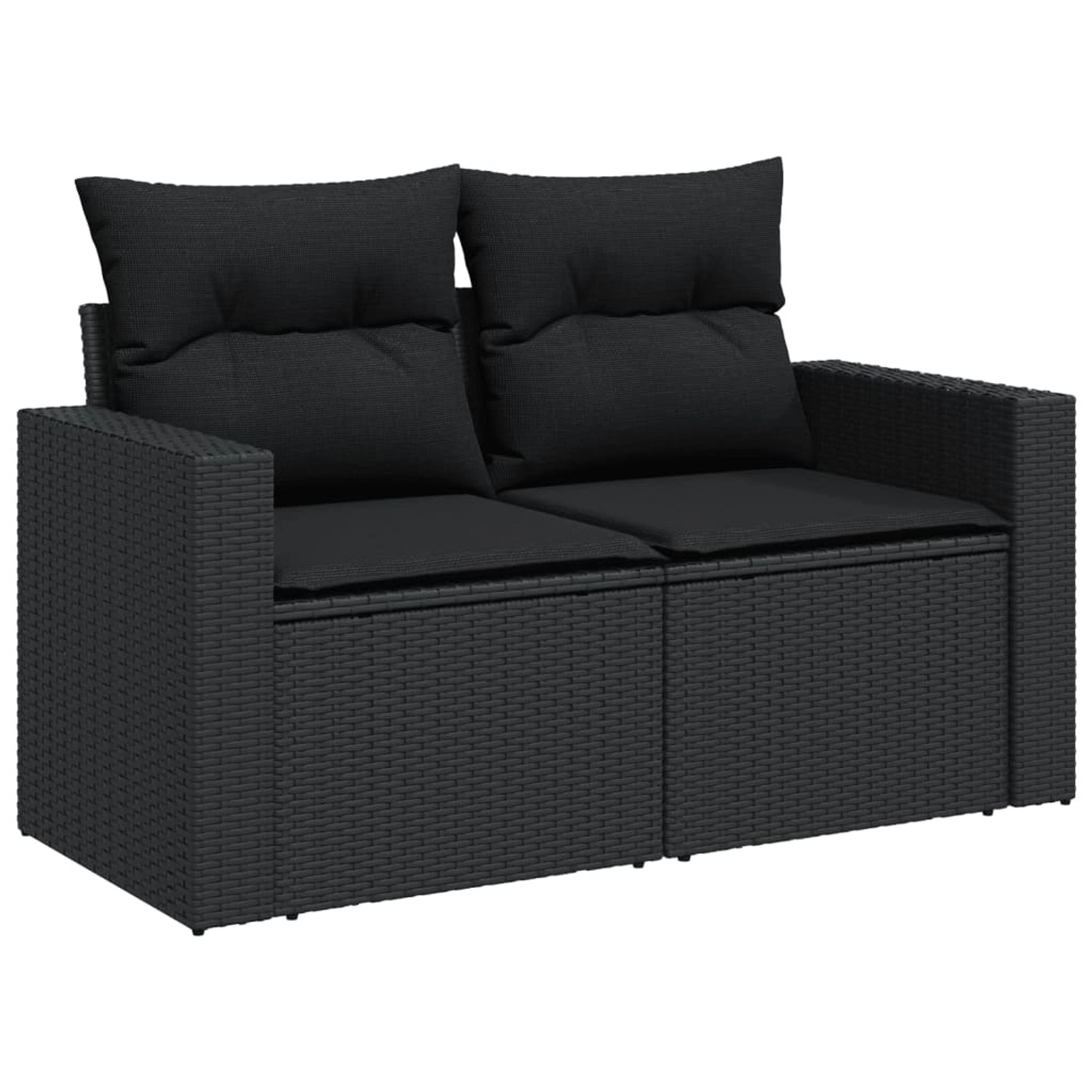 Schwarze 6-tlg. vidaXL Garten-Sofagarnitur aus Poly Rattan mit Kissen.