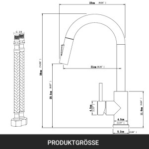 Skizze einer AICA Hochdruck Küchenarmatur mit ausziehbarer Brause und Maßangaben.