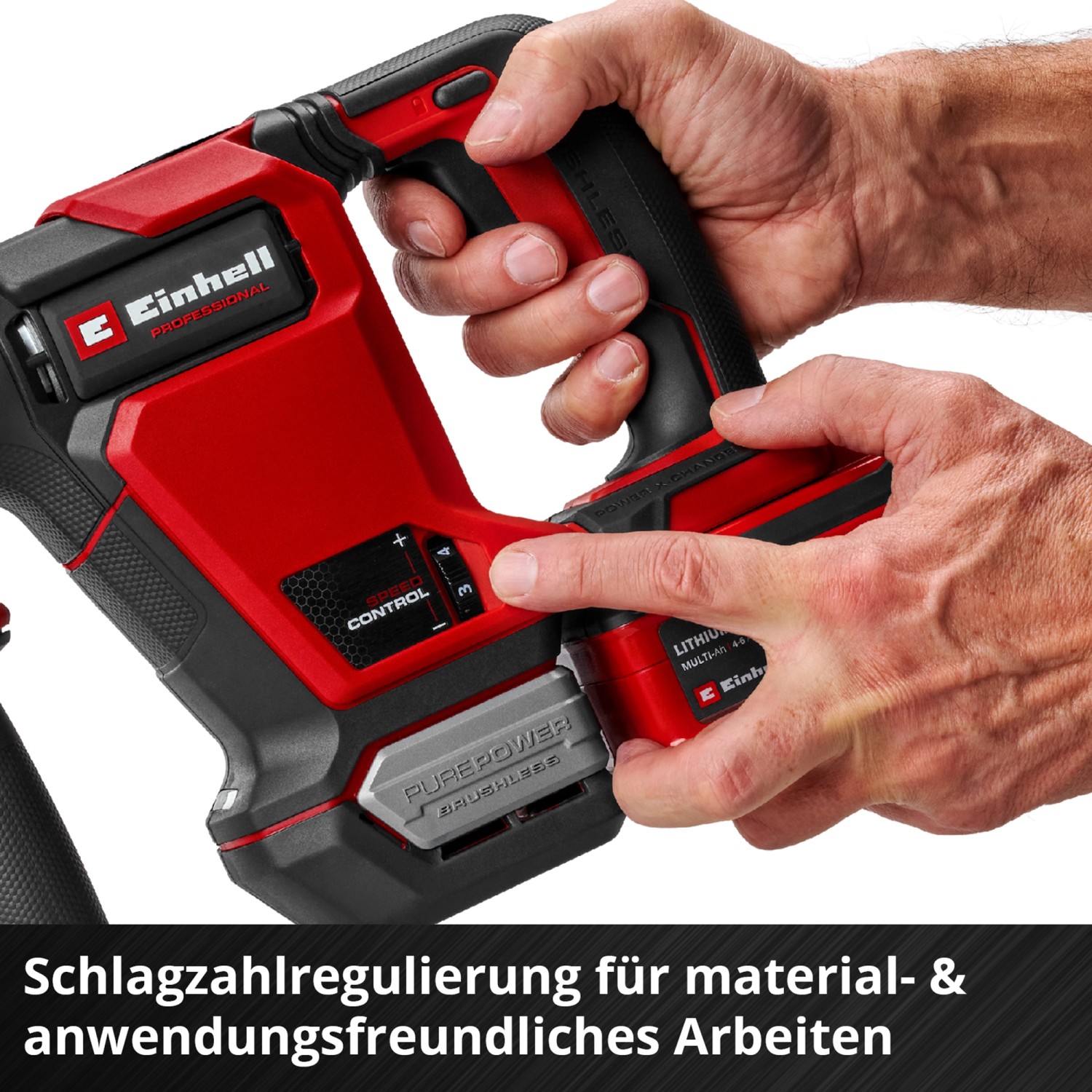 Einhell Akku-Abbruchhammer TP-DH 18/4 in Rot/Schwarz mit Hand zur Schlagzahlregulierung.