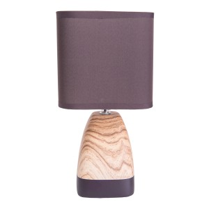 Näve Tischleuchte Dorian mit braunem Textilschirm und Keramikfuß in Holzoptik.