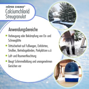 Anwendungsbereiche von Höfer Chemie Calciumchlorid Streugranulat gegen Eis und Schnee.