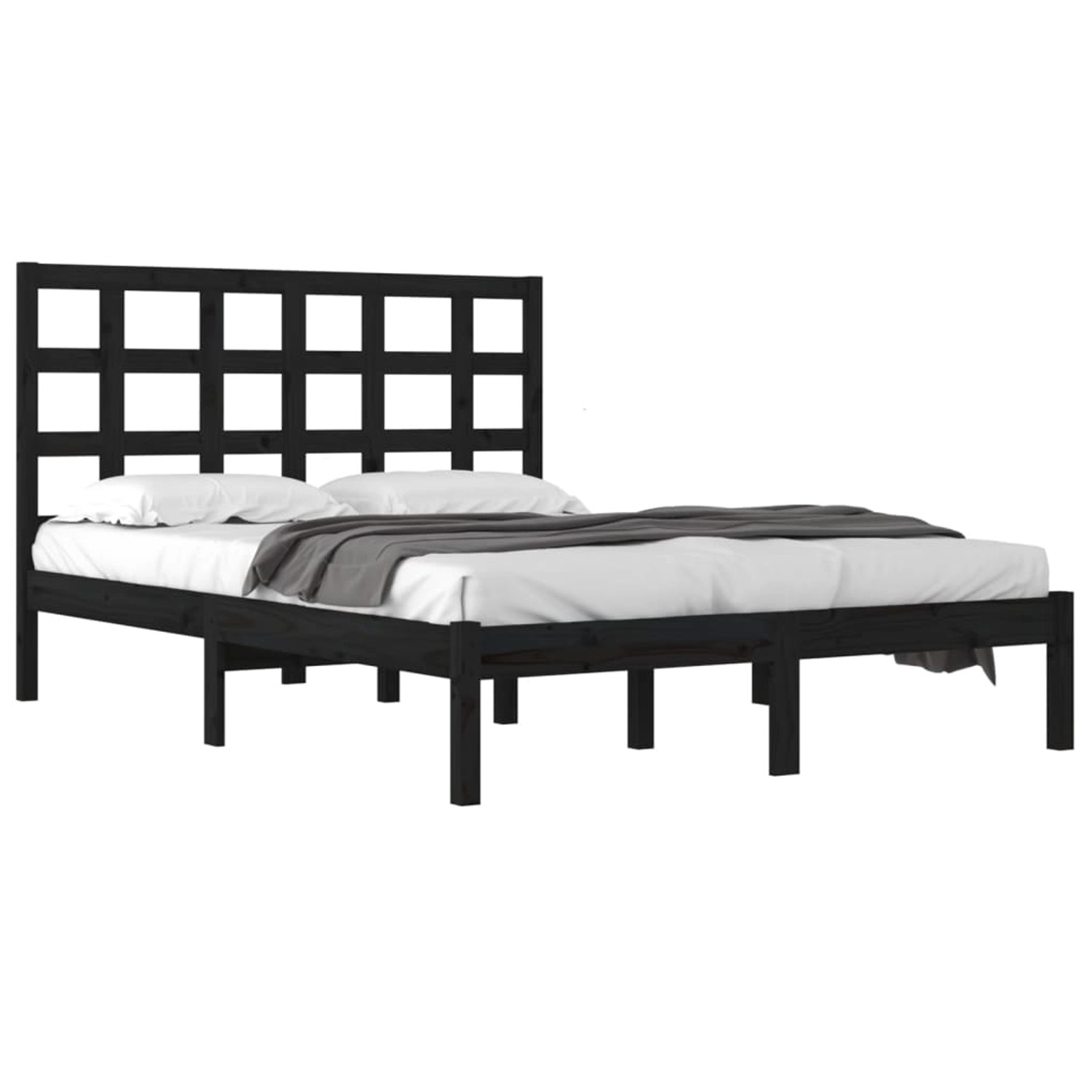 Schwarzes Massivholzbett 200x200 cm mit Lattenrost und Kopfteil.
