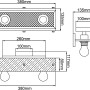 Technische Zeichnung der schwarzen Brilliant Calandra Deckenleuchte mit Holzdetails, 2-flammig.