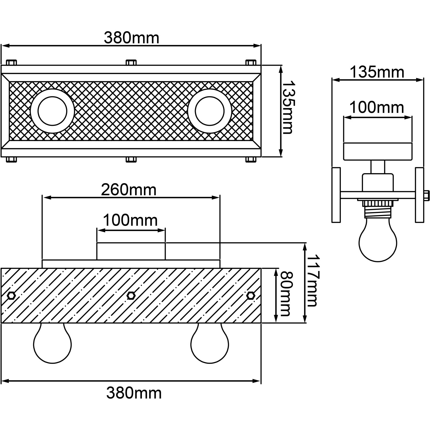 Technische Zeichnung der schwarzen Brilliant Calandra Deckenleuchte mit Holzdetails, 2-flammig.
