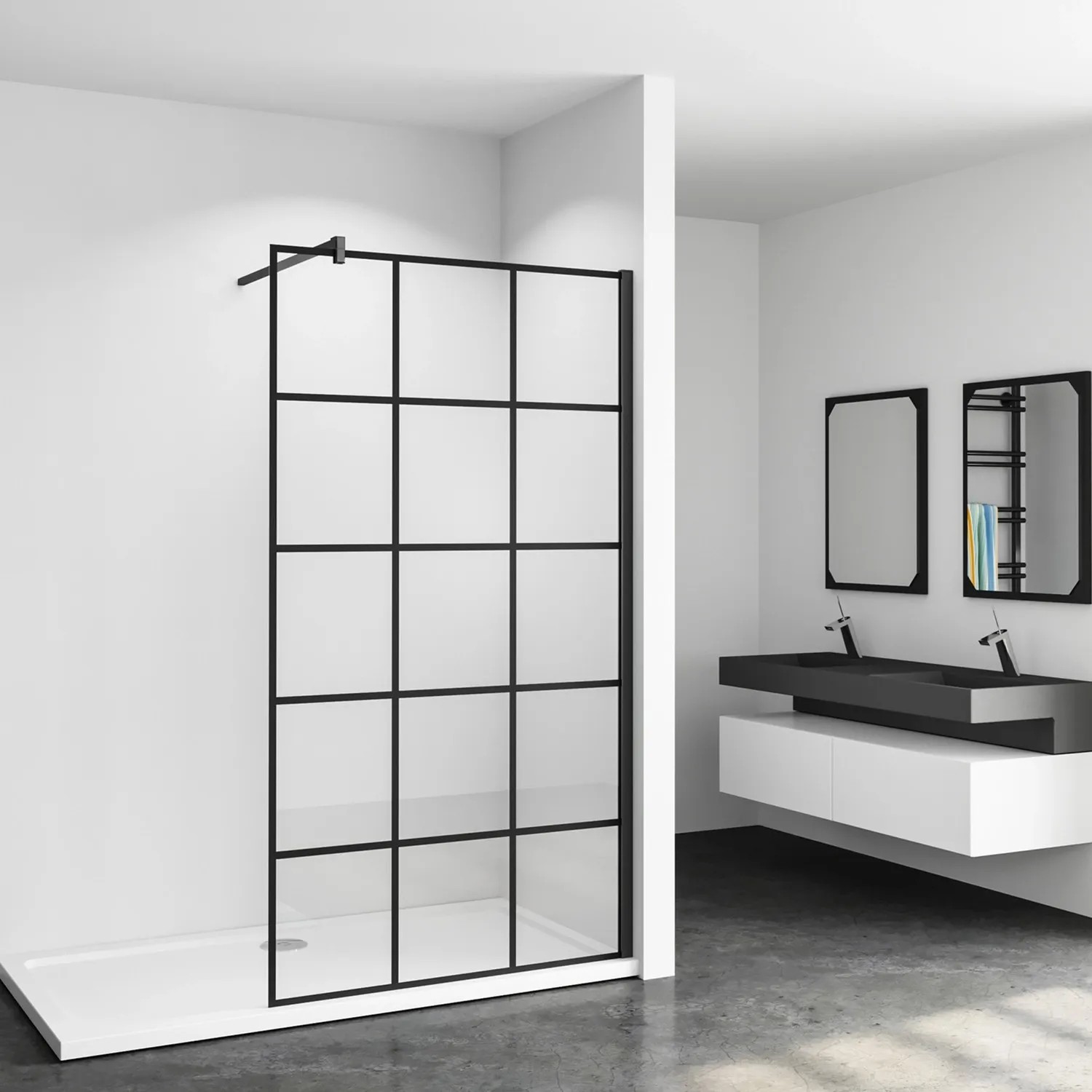 Schwarze AICA Duschabtrennung mit Gittermuster, 100 cm breit, aus Nano ESG Glas.