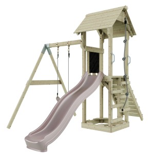 PolarPlay Kinderschaukel Göteborg in Altrosa mit Rutsche und Spielturm aus Holz.