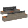Graues 9-teiliges Garten-Sofa-Set aus Poly Rattan mit Kissen und Akazienholztisch.