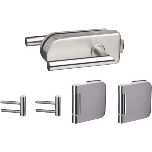 Beschlag-Set für Glasdrehtüren, Edelstahl gebürstet, unverschließbar, mit Schlosskasten, Drückerpaar und Bändern.