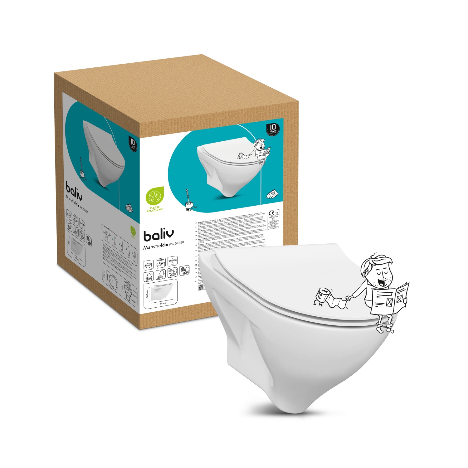 baliv Wand WC-Set Mansfield, Tiefspüler, spülrandlos, weiß, mit Verpackung und Cartoon.