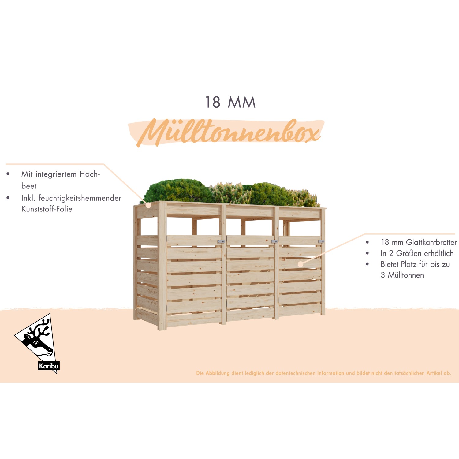 Karibu Mülltonnenbox mit integriertem Hochbeet, Holz natur, für 3 Tonnen. Praktische Mülltonnenverkleidung.