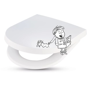 Weißer baliv WC-Sitz Gada II aus Duroplast mit Absenkautomatik und Cartoon-Illustration.
