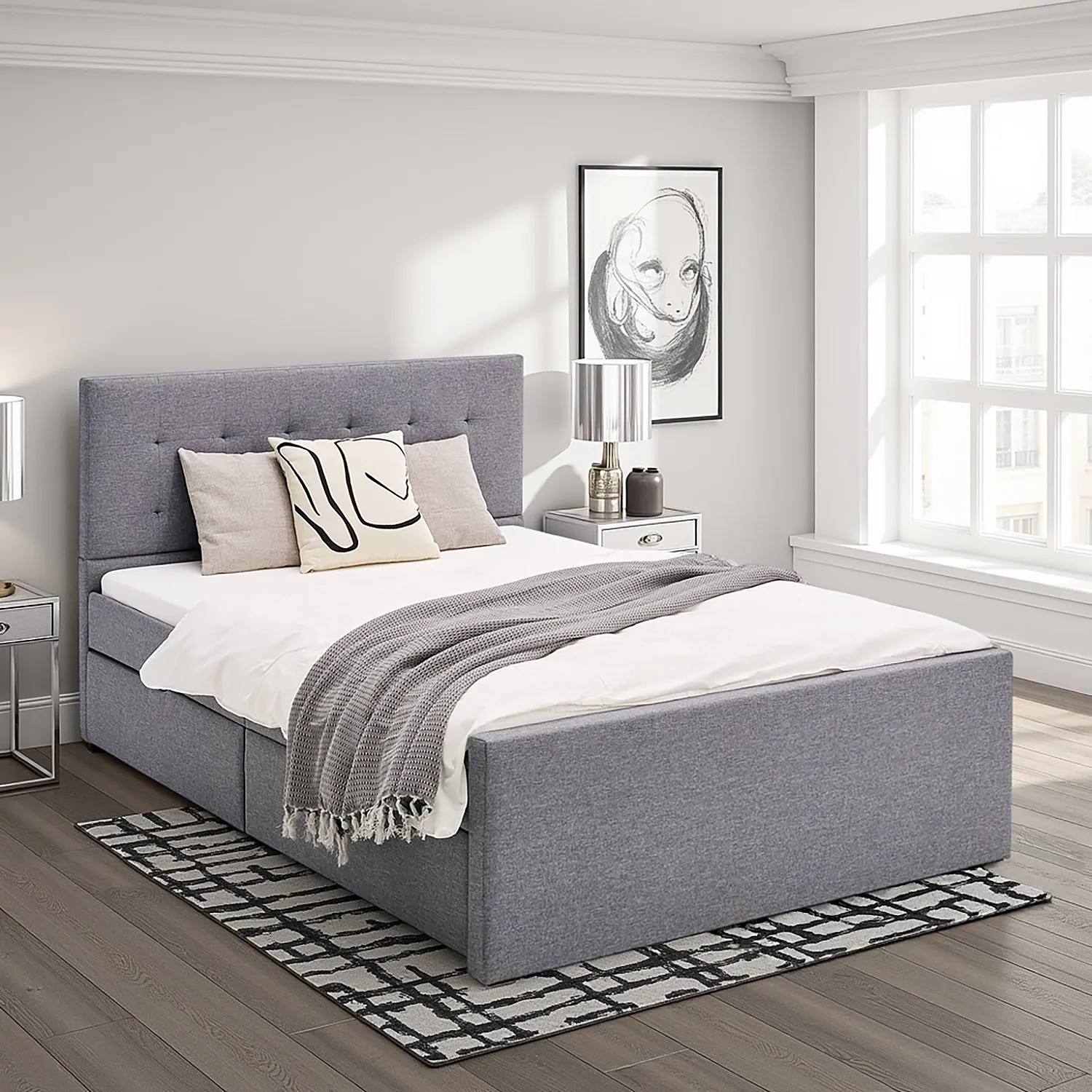 Graues Homestyle4u Polsterbett (120x200) mit Schubladen und gestepptem Kopfteil.