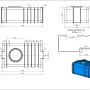 Technische Zeichnung des KMND 100L Trinkwasser Wassertanks. Rechteckiger PE-Tank mit Maßen und blauem 3D-Modell.