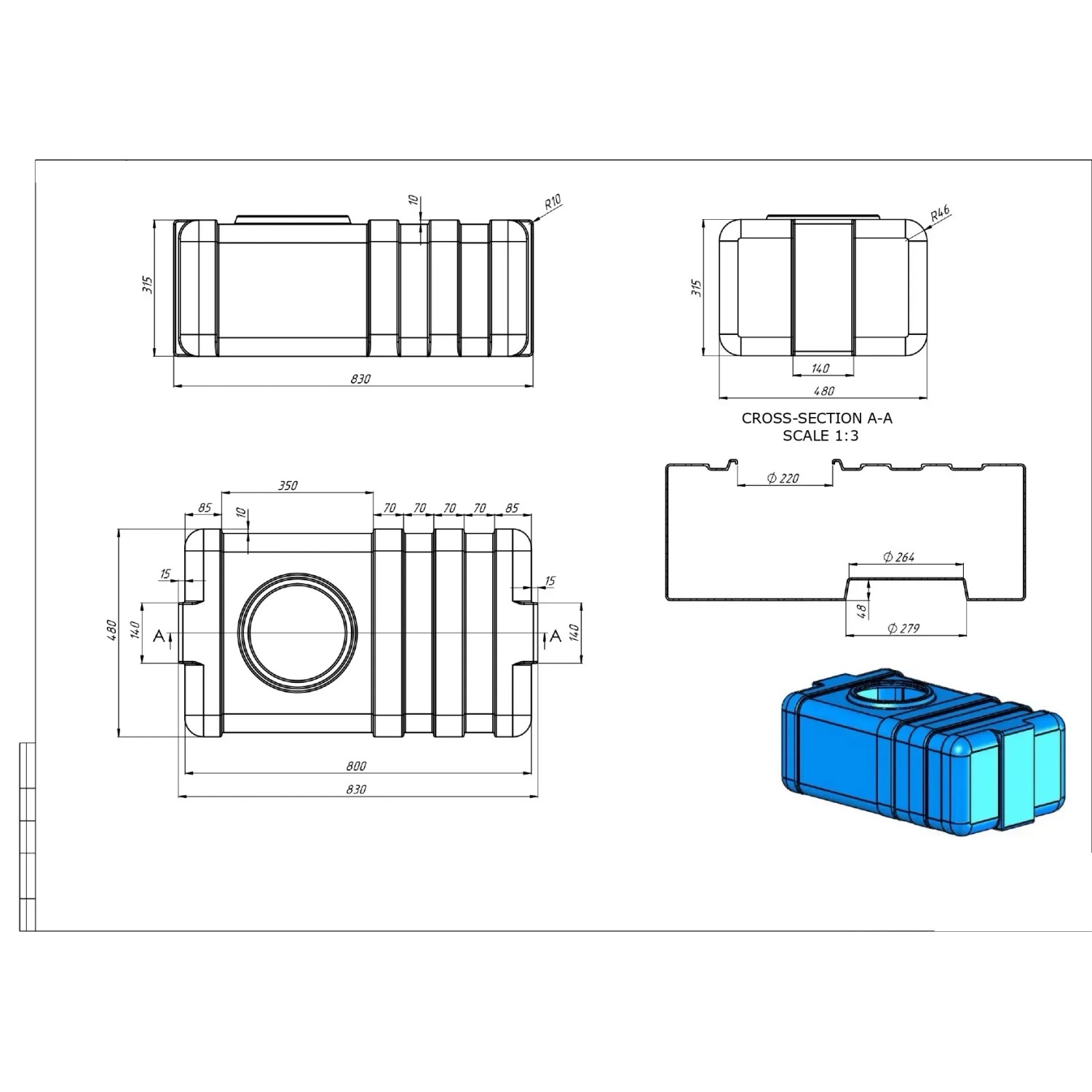 Technische Zeichnung des KMND 100L Trinkwasser Wassertanks. Rechteckiger PE-Tank mit Maßen und blauem 3D-Modell.