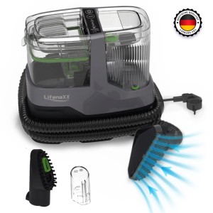 Technaxx Textildampfreiniger 1800W, grau-transparent, mit Dampfdüse und Bürstenaufsatz.