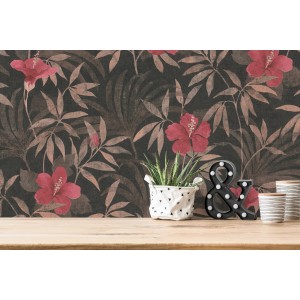 Vliestapete mit Dschungel-Blumenmuster in Braun und Rot. Dekorative Tapete mit leichter Struktur.