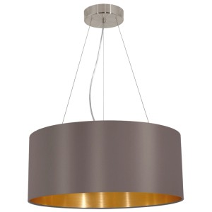 Moderne Eglo Pendelleuchte Maserlo, 3-flammig, Cappuccino-farbener Stoffschirm mit goldener Innenseite.