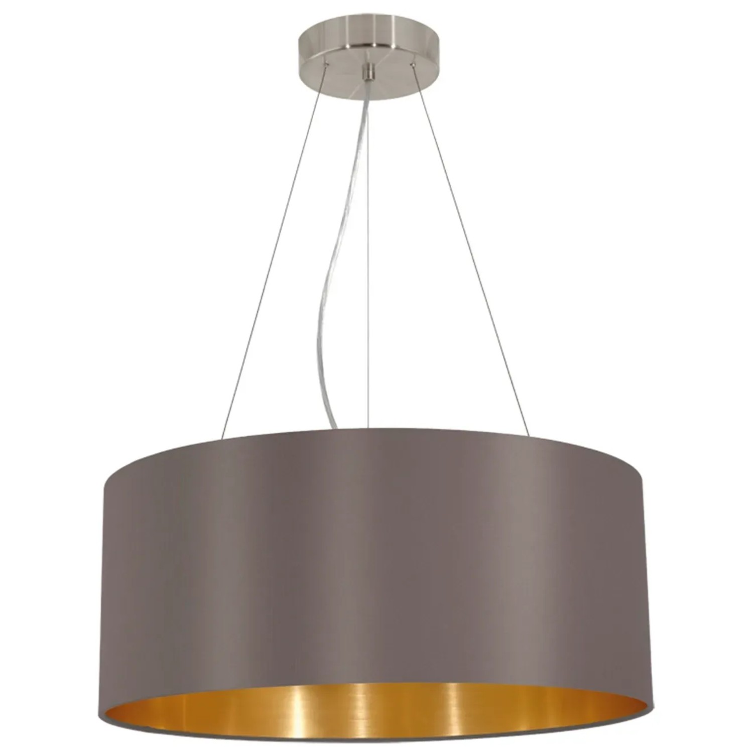 Moderne Eglo Pendelleuchte Maserlo, 3-flammig, Cappuccino-farbener Stoffschirm mit goldener Innenseite.