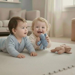 Zwei lachende Babys spielen auf einer beigen LittleTom Puzzlematte. Die weiche EVA-Schaumstoffmatte bietet Kindersicherheit und Komfort.