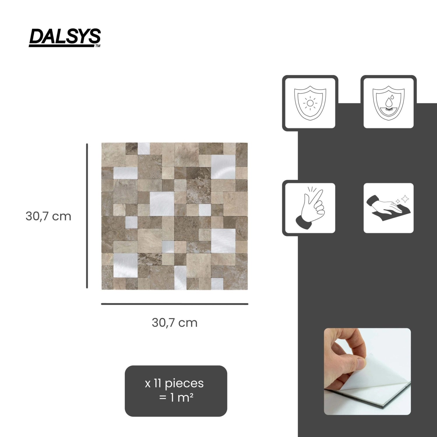 Dalsys Selbstklebende Fliesen 1m² 11 Stück Steinoptik Quadrate Sand Silber_2