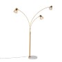 Elegante Bogenlampe Nina in Bronze mit Marmorfuß und drei Braunglas-Leuchten für stimmungsvolle Innenbeleuchtung.