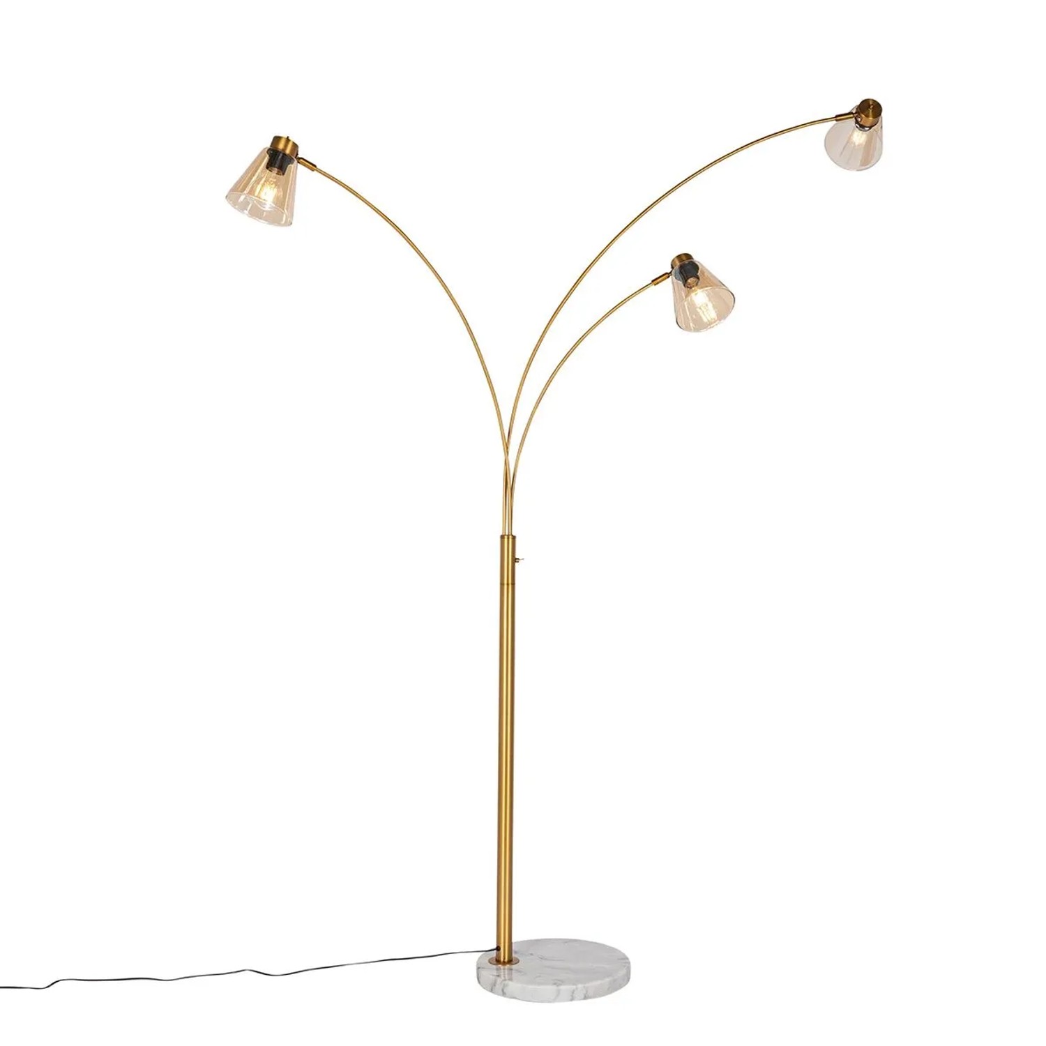 Elegante Bogenlampe Nina in Bronze mit Marmorfuß und drei Braunglas-Leuchten für stimmungsvolle Innenbeleuchtung.