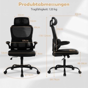 Costway Bürostuhl, ergonomisch, schwarz, mit verstellbarer Kopfstütze und atmungsaktivem Netzgewebe.