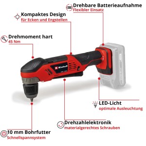 Einhell Akku-Winkelbohrmaschine TE-AD 18 Li-Solo, rot/schwarz, mit drehbarer Batterieaufnahme und LED-Licht.