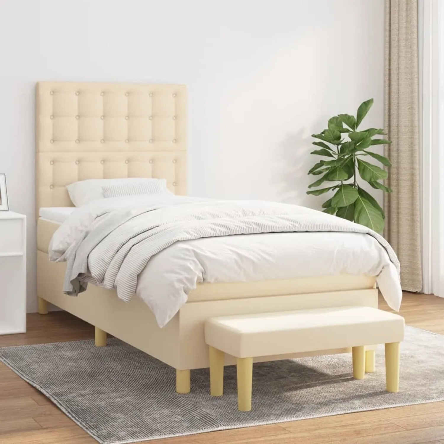 Cremefarbenes vidaXL Boxspringbett (80x200 cm) mit Matratze und Bank, Stoffbezug.
