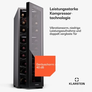 Klarstein Shiraz 24 Duo Weinkühlschrank für 24 Flaschen, zwei Zonen, Glastür und Metalleinschübe.