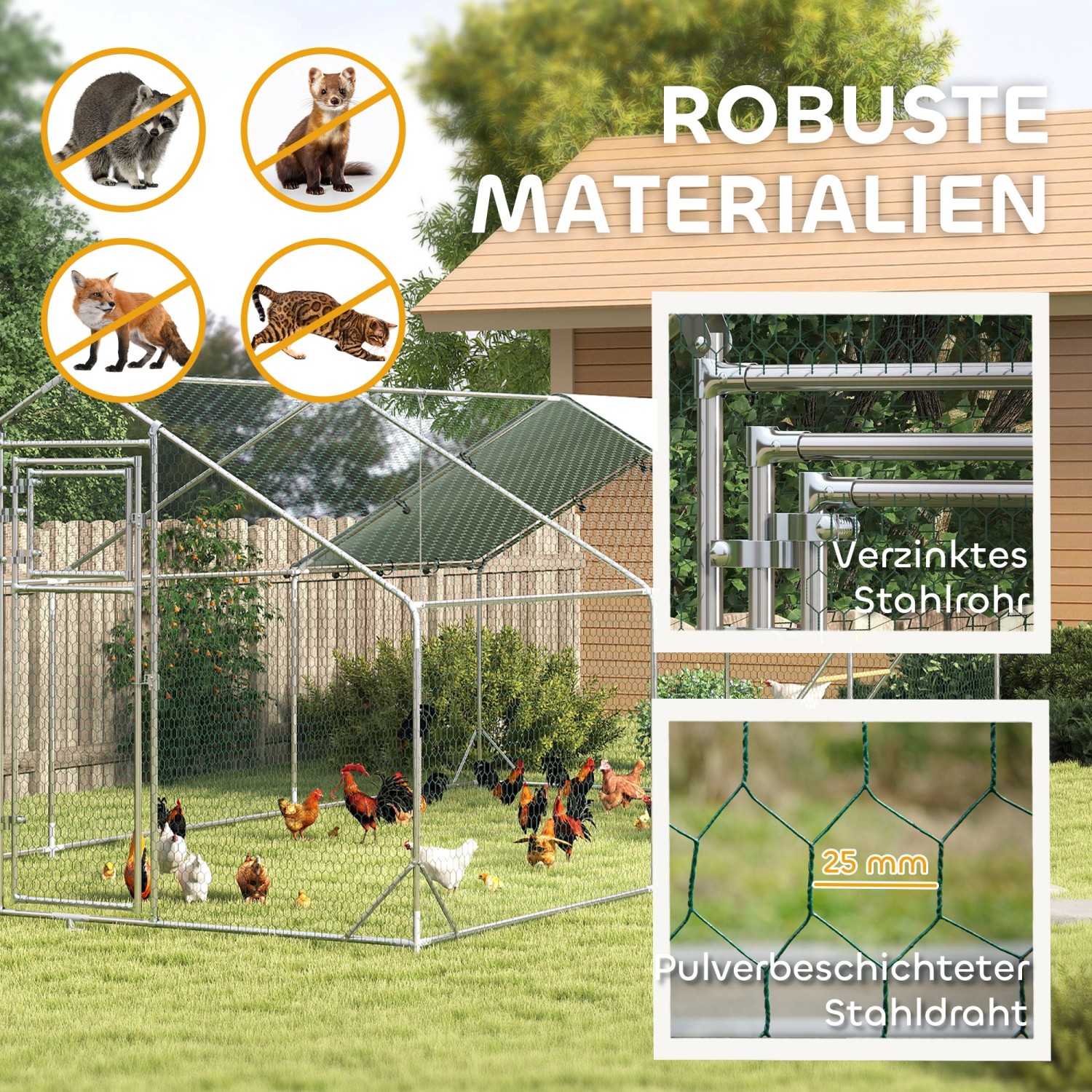 PawHut Hühnerstall mit verzinktem Stahlrohr und Stahlgitter, ideal für artgerechte Haltung.