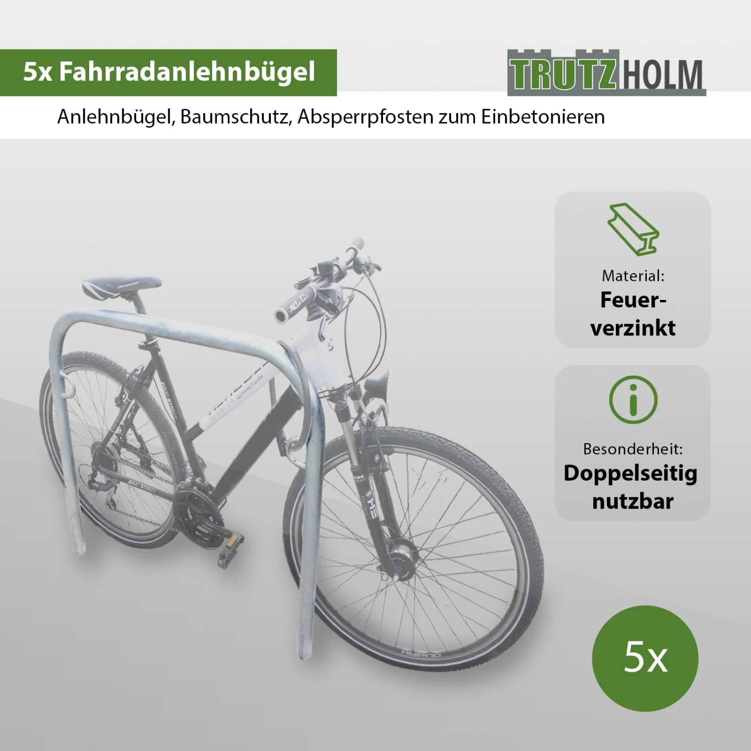 TRUTZHOLM 5x Fahrradanlehnbügel 115x99cm Stahl Feuerverzinkt Durchmesser 49mm Grau