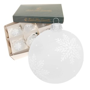 6er Set weiße Krebs Glas Lauscha Weihnachtskugeln (8cm) mit Schneeflocken im Karton.