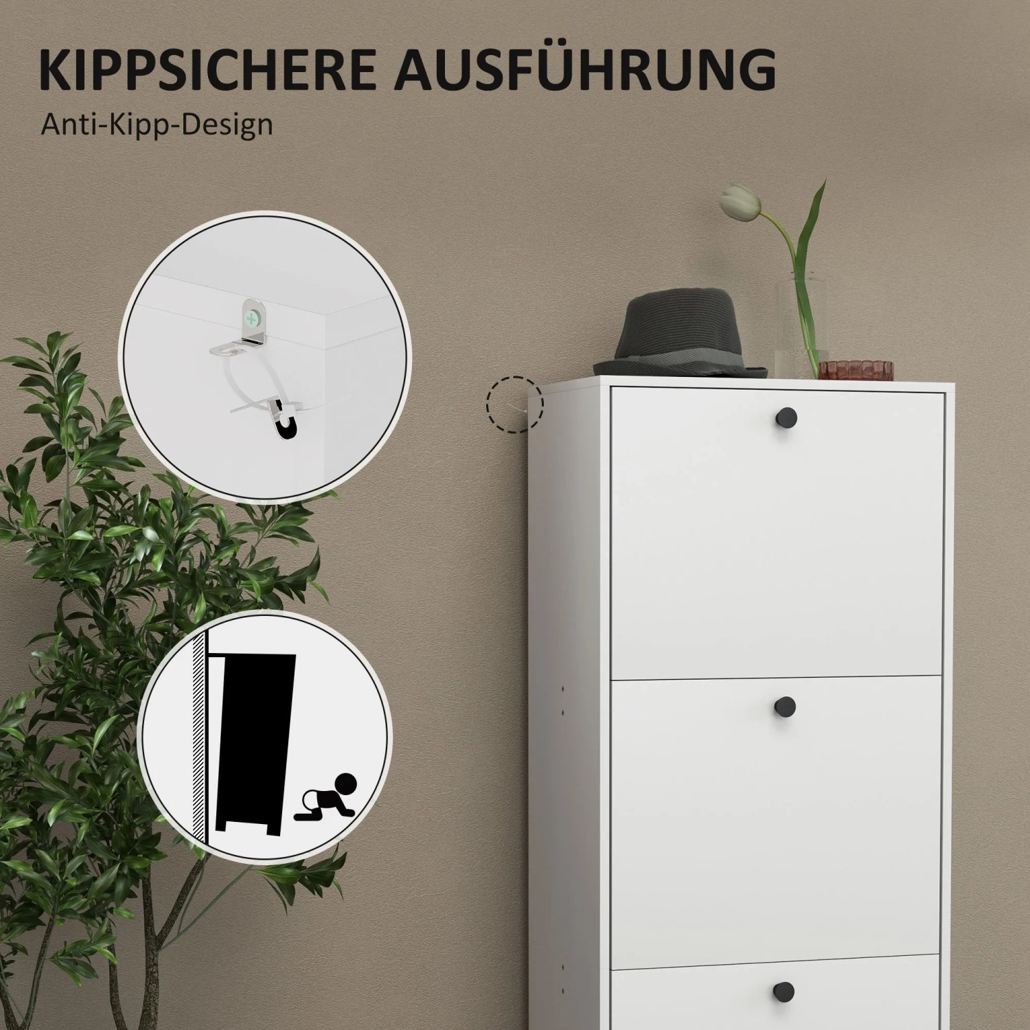 Weißer HOMCOM Schuhschrank aus Spanplatte mit drei Fächern und Kippschutz.