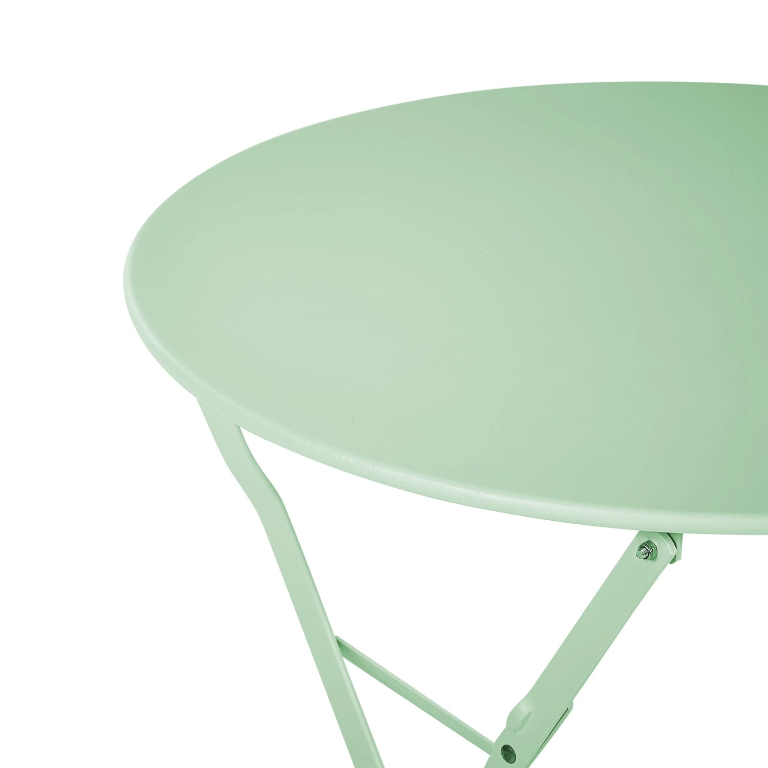 Runder, mintgrüner Metall-Bistrotisch mit klappbaren Beinen. Ideal für Gartenmöbel-Sets auf Terrasse & Balkon.