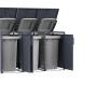 Anthrazitfarbene Mülltonnenbox aus Metall für 3 Mülltonnen, Deckel und Türen geöffnet. Ideal für den Außenbereich.
