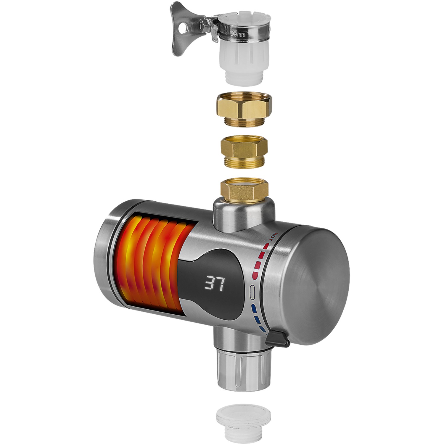 Maxxmee Edelstahl-Durchlauferhitzer Kompakt 3600 W mit Zubehör und digitaler Anzeige.